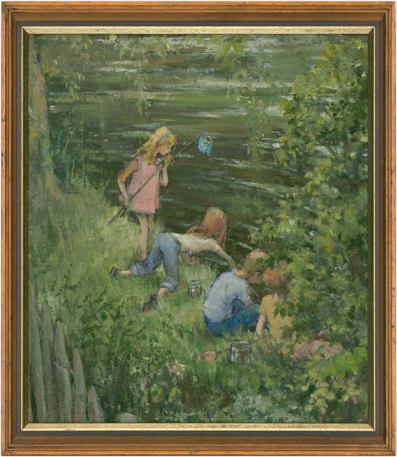 A charming view of children fishing for tadpoles in a river, painted with bold, thick brushstrokes. Presented in a  simple wooden frame. Titled to the reverse 'The Jam Jar Quartet' Signed and incsribed on the reverse. On board.
