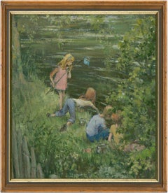 Vintage Edith Lawson - A Charming Mid 20th Century Oil, Children Fishing on a River