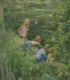 Edith Lawson - A Charming Mid 20th Century Oil, Children Fishing on a River