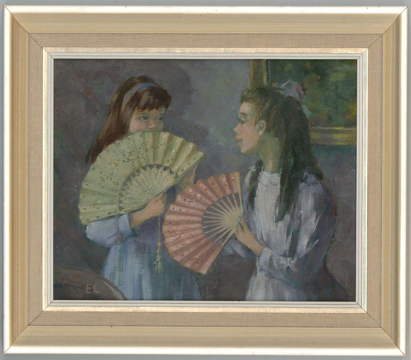 A charming study of young girls playing with fans, titled to the reverse "Grandmother's Fans" and inscribed "Ex M.O.D". Presented in a cream frame with hessian mount.  Signed. On board.
