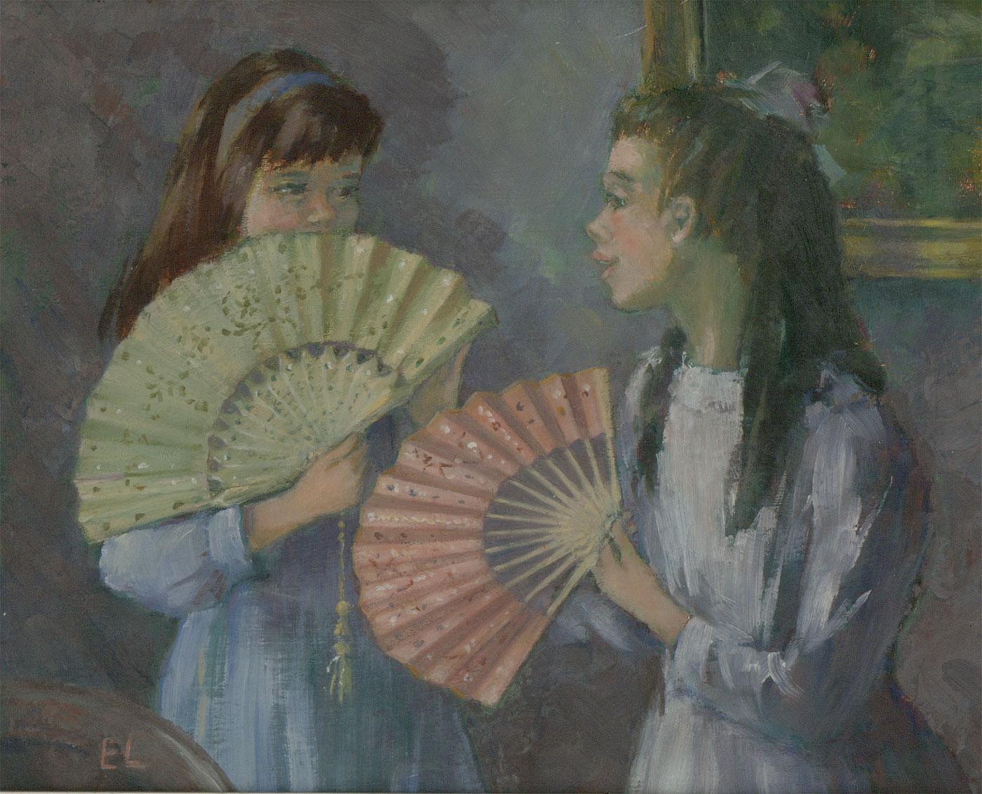 Edith Lawson - Signed Contemporary Oil, Girls In an Interior with Fans 1