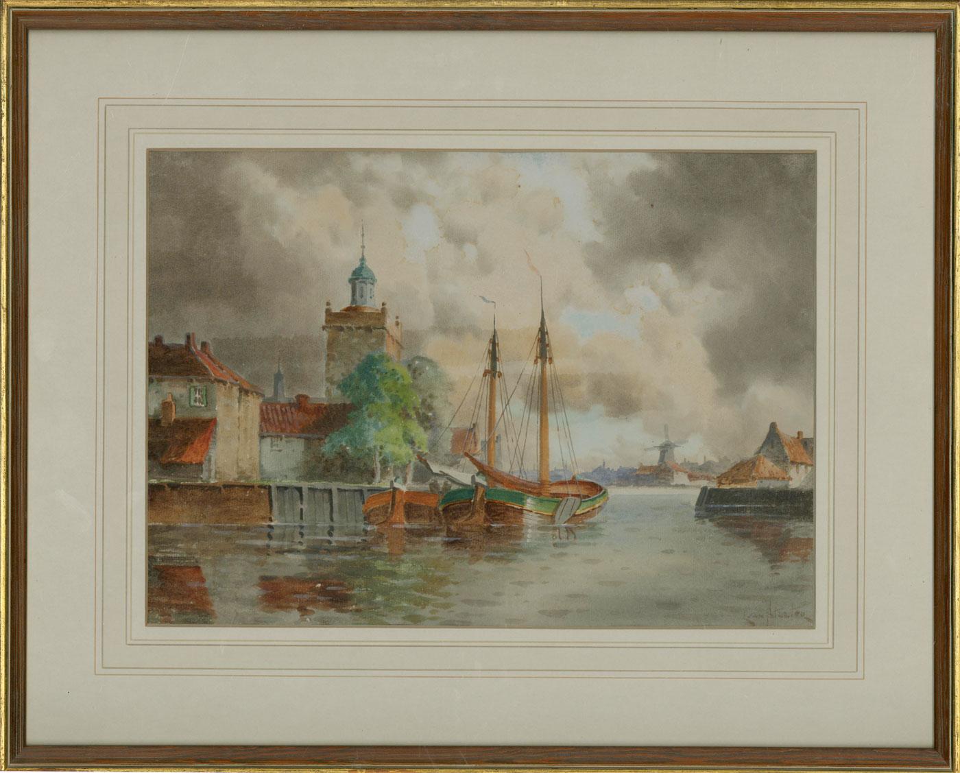 A fine original watercolour by the Dutch painter Louis Van Staaten, also known as Norris Fowler Willatt  and Jan van Coever. The artist has chosen a calm harbour canal setting with fishing boats. Signed to the lower right. Well-presented in a
