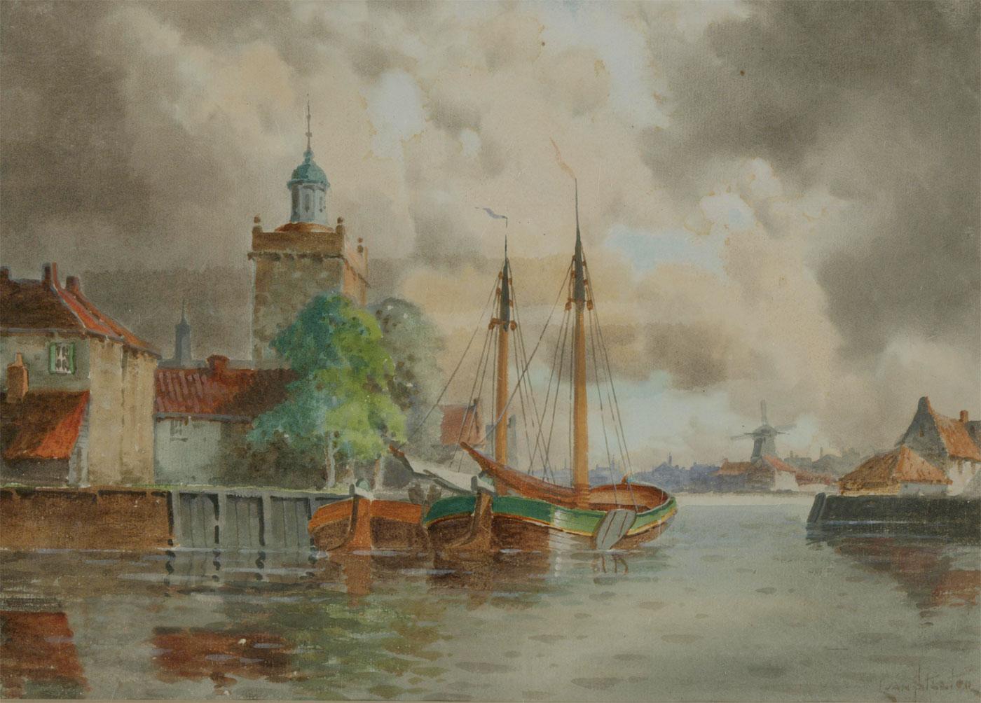 Louis Van Staaten (1859 - 1924) - Fine Signed Watercolour, Dutch Canal View 1