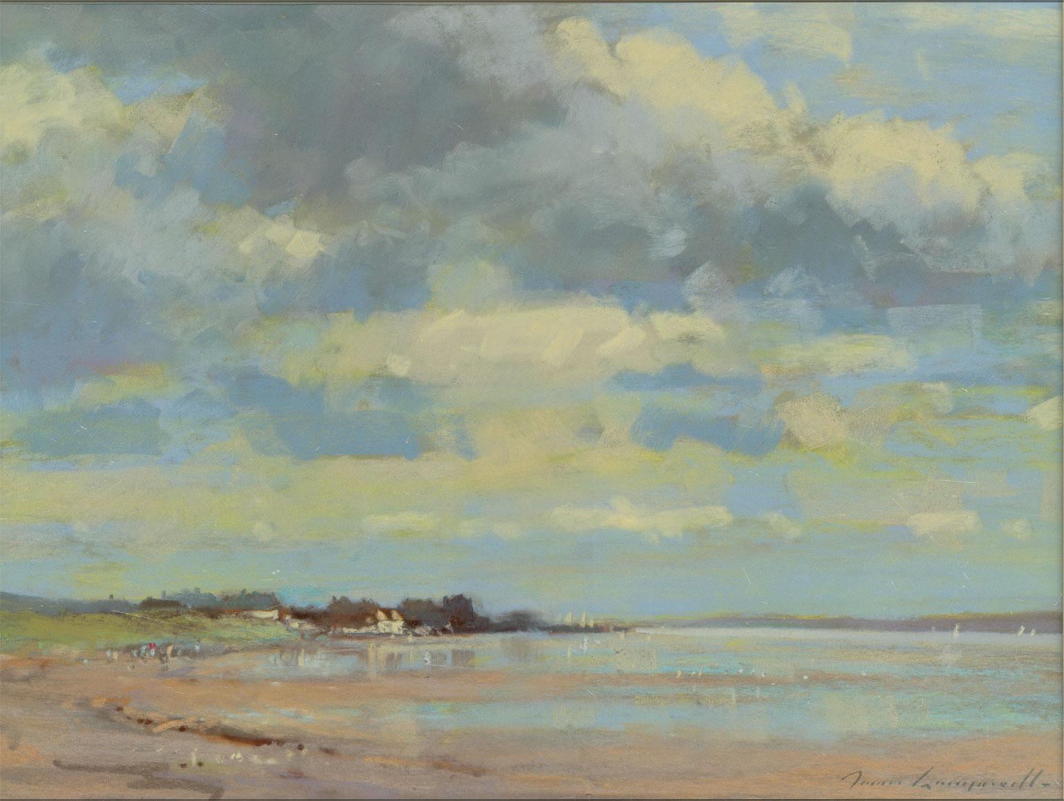 A fine pastel seascape by well listed artist James Longueville. The artist has captured the Dee Estuary which originates near Shotton, however the river soon swells to be several miles wide and forms the boundary between the Wirral Peninsula in