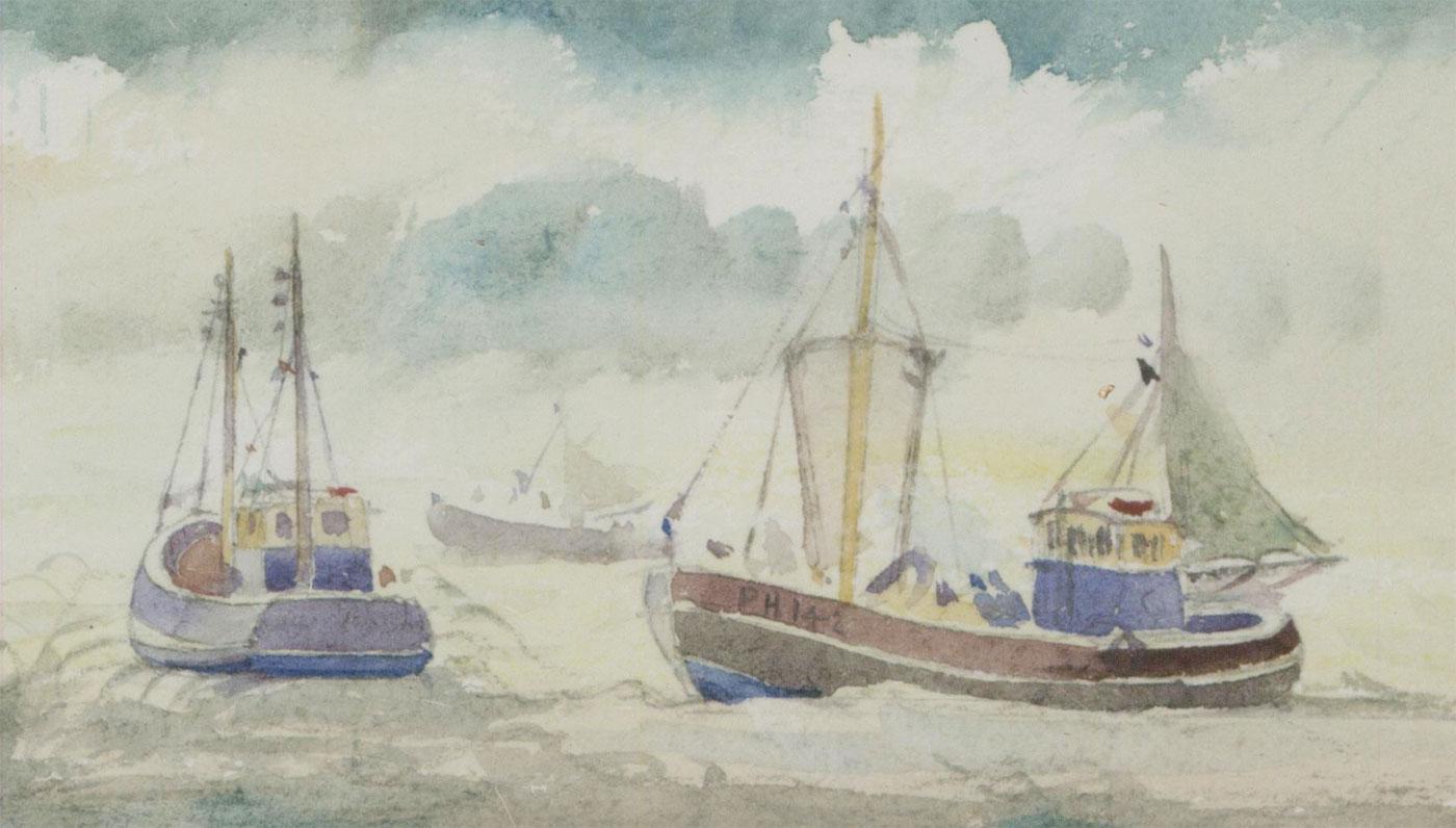 A very fine framed watercolour by well listed artist Sybil Mullen Glover (1908-1995). Depicting fishing boats out at sea. Presented in a washline mount with modern, white wooden frame, with material inlay. Signed. On wove.
