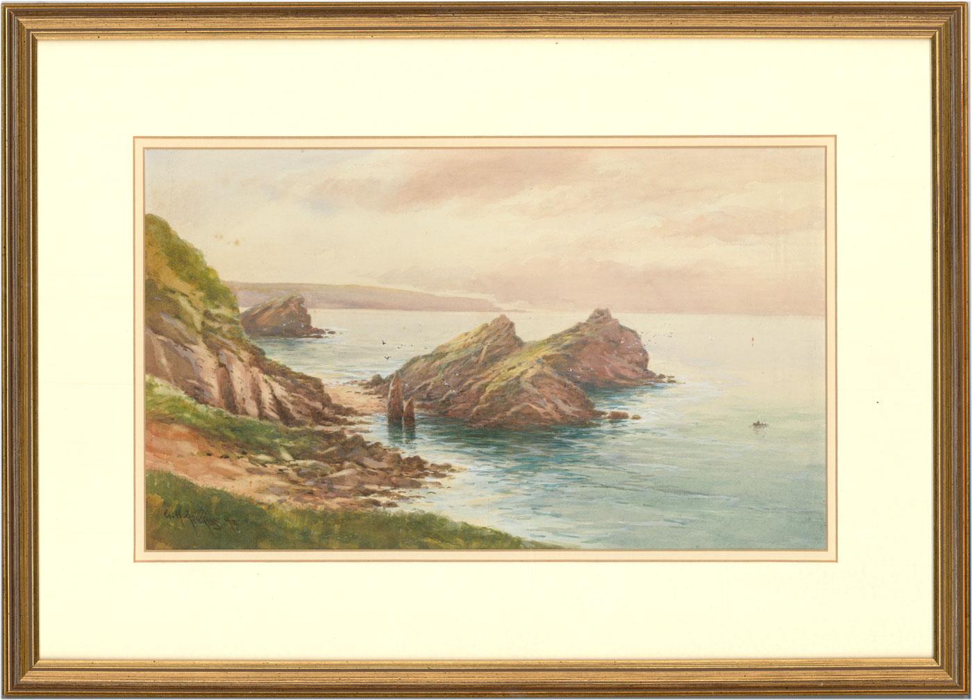 A very fine coastal landscape by the well listed West Country seascape painter George Henry Jenkins. The painting is excellently presented in a double cream mount and simple modern gold frame.  Signed. On wove.
