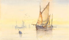 Antique W. Stewart - Signed Watercolour, Fishing Smacks at Anchor