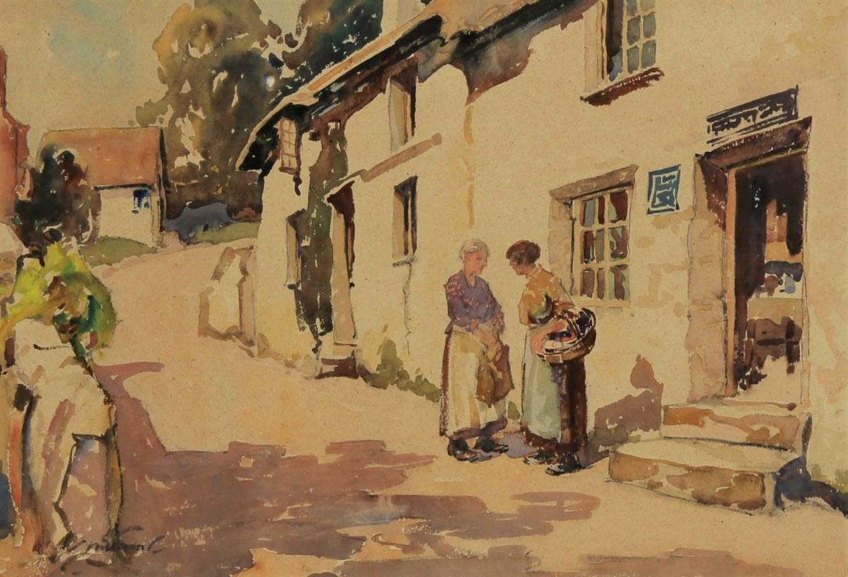 Fine Framed 20th Century Watercolour - Ladies Outside a Cottage - Art by Unknown