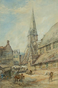 John Burgess (1814-1874) - 1855 Watercolour, Market Scene in Honfleur, Normandy