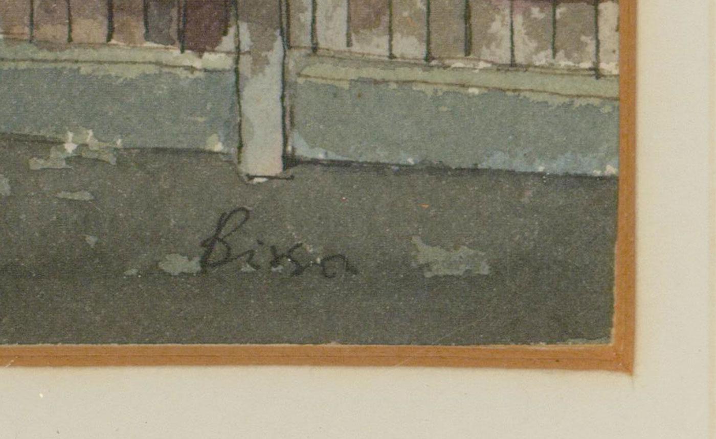 This is an excellent example of work from Guernesy born artist Paul Bisson. The artist has captured the everyday life of this street by studying the rear view of the houses and their terrace gardens. Excellently presented in a washline mount and