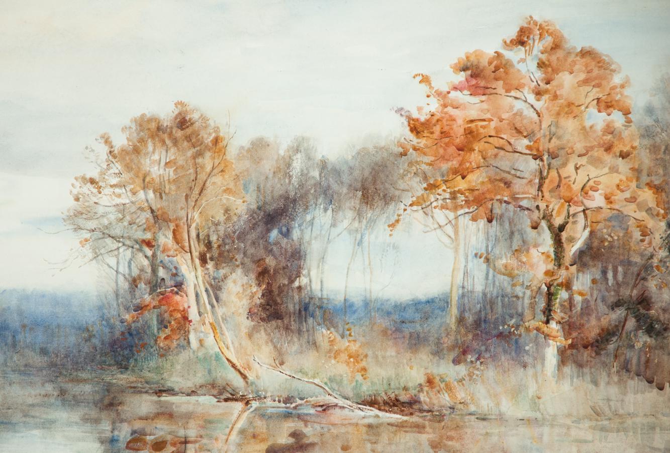 A well presented watercolour landscape from well listed artist James Herbert Snell (1861-1935), depicting an autumnal river scene with woodland in the distance. Presented in a gilt effect and wood frame.  Signed. On wo.
