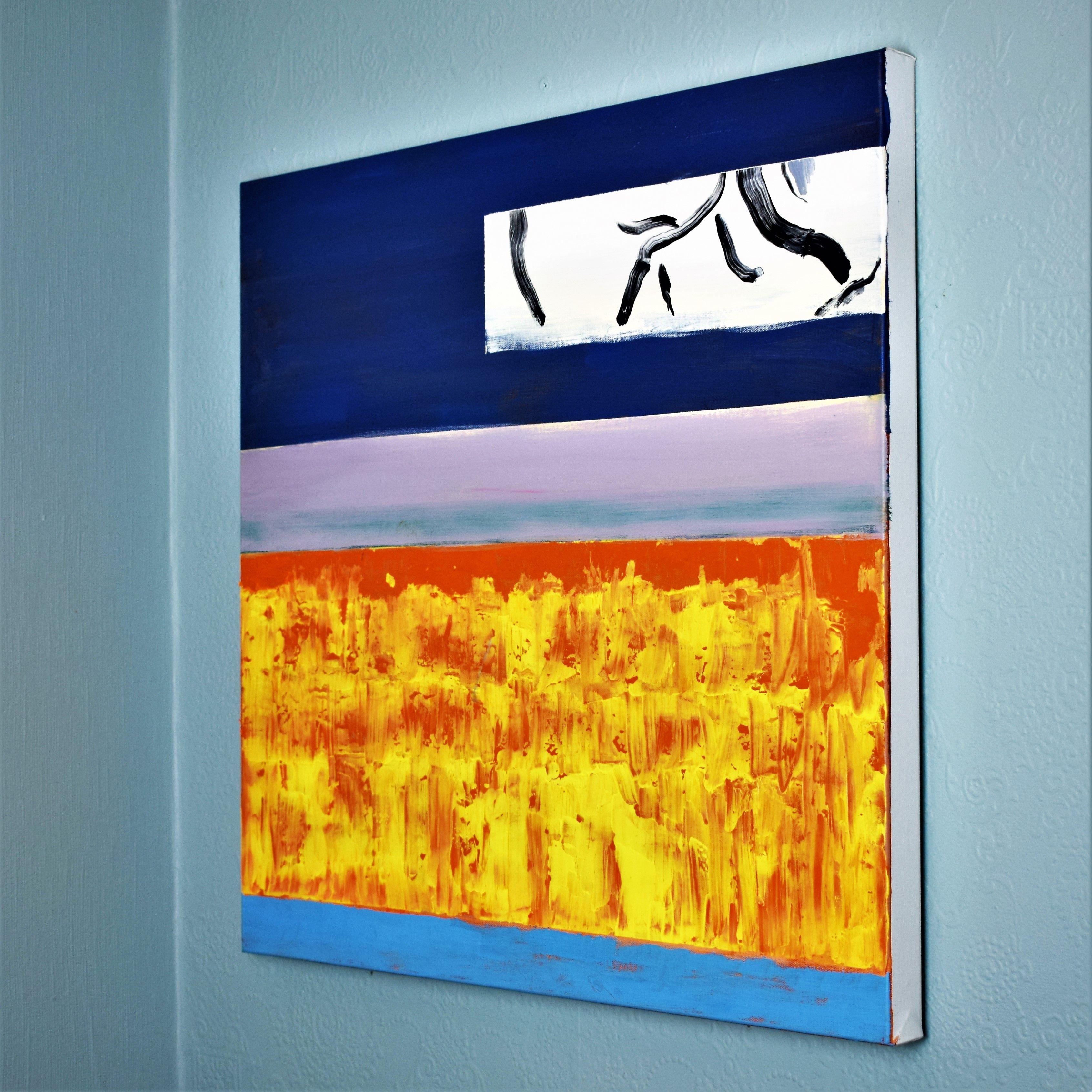 This richly coloured and bold abstract painting will make a distinctive centerpiece for your home.   The composition has a backdrop of horizontal stripes, these are evocative of landscapes with horizon lines, fields, clouds and shorelines.   The