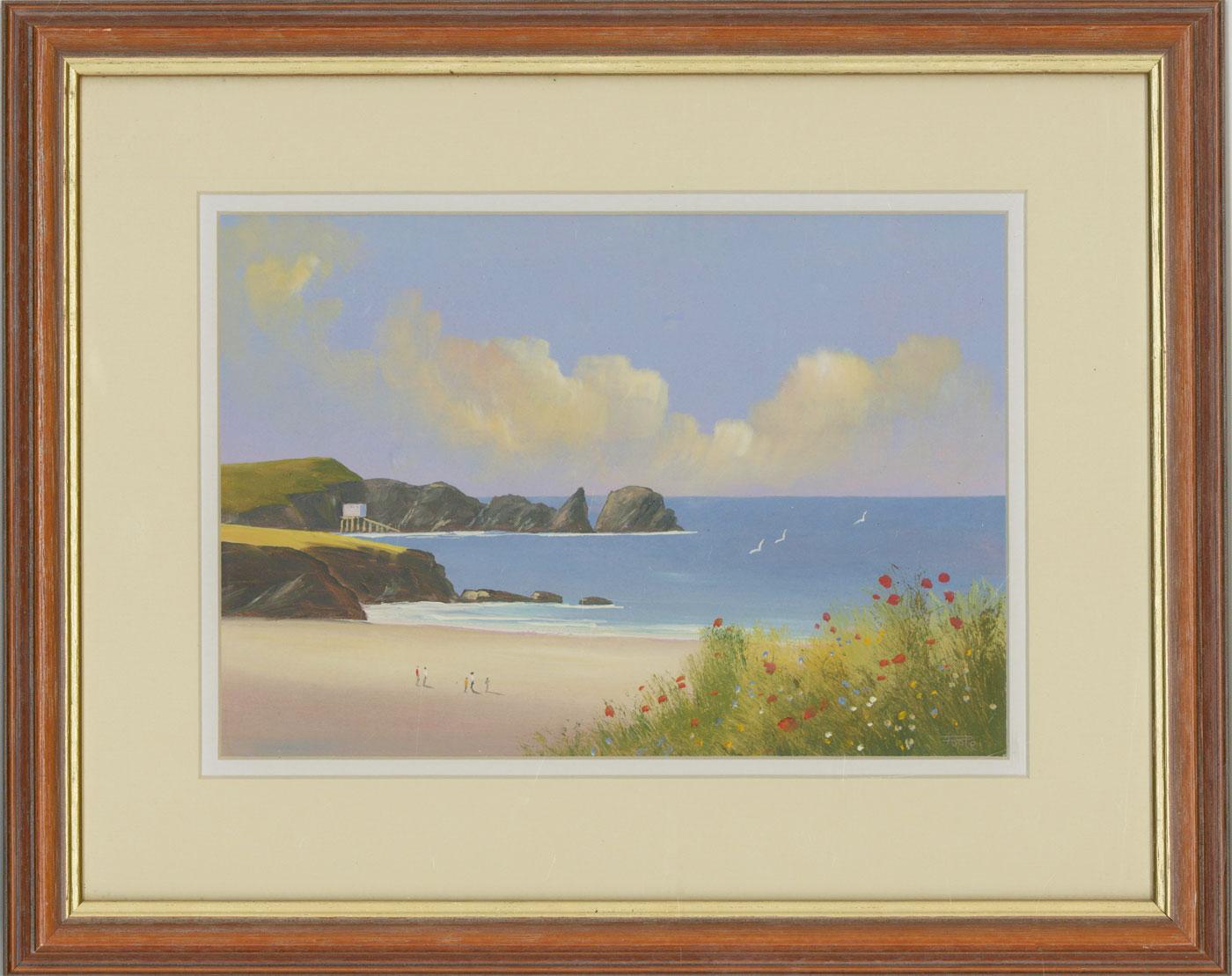 A highly decorative seascape view of Mother Ivey's Bay in Cornwall. The vibrant colour palette and panoramic composition is reminiscent of vintage postcards produced throughout the 1950s. This vintage feel is typical of Poole's nostalgic style and