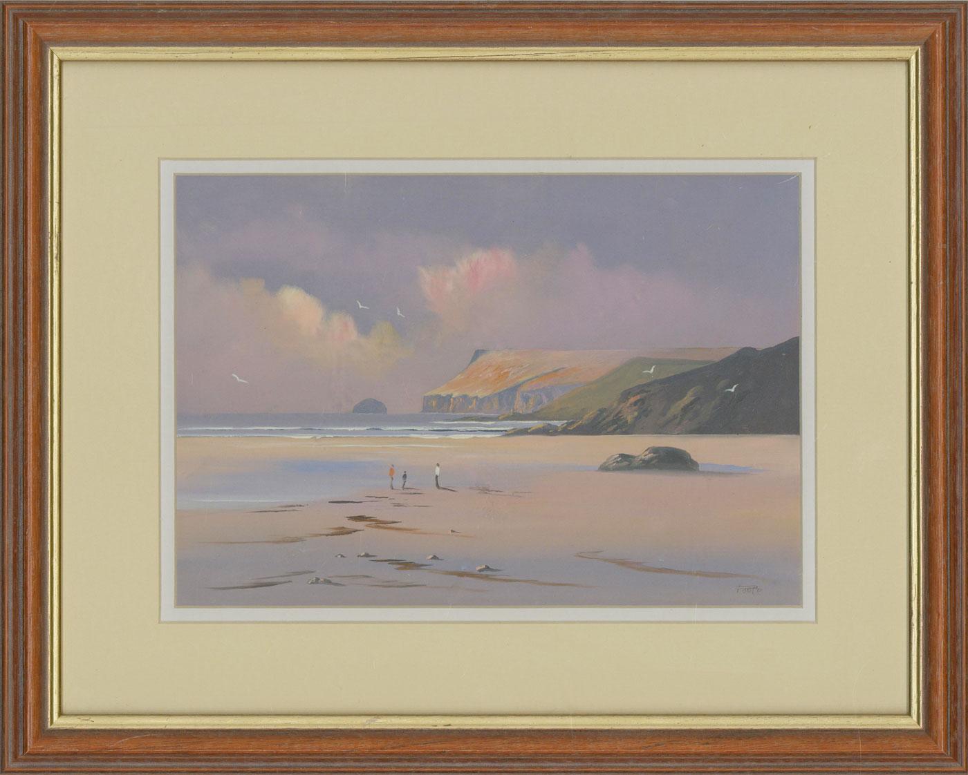 A highly decorative seascape view of Polzeath Beach in Cornwall. The vibrant colour palette and panoramic composition is reminiscent of vintage postcards produced throughout the 1950s. This vintage feel is typical of Poole's nostalgic style and