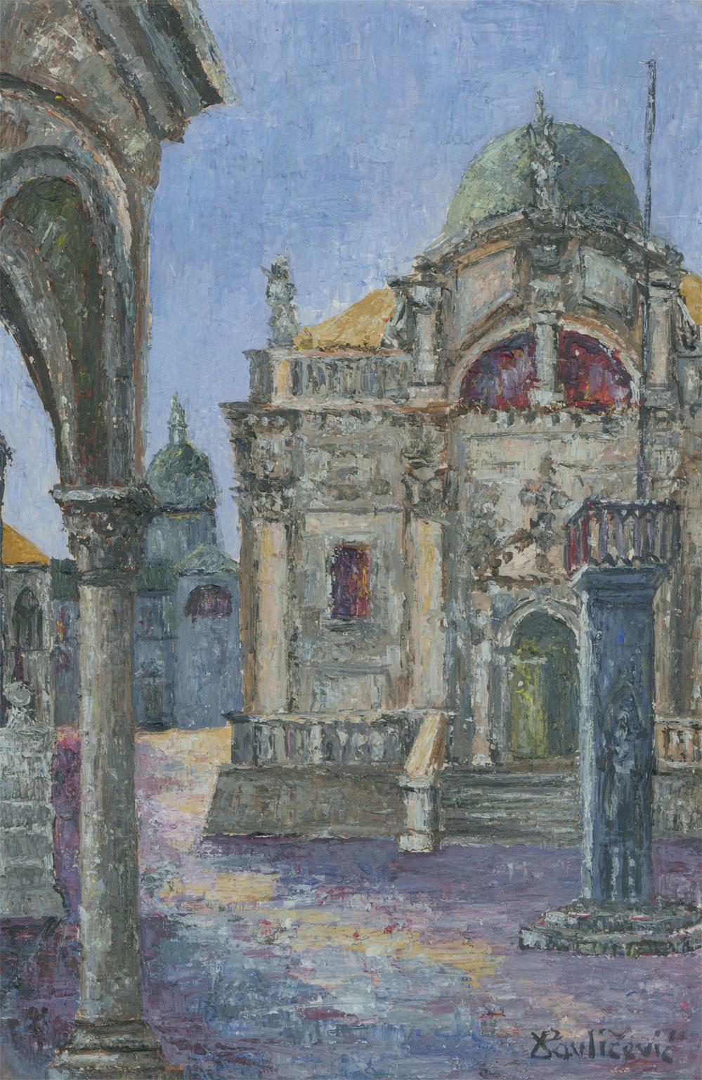 An oil on card painting depicting a view of a courtyard with a church and other buildings. Presented in a distressed frame with a wood and gilt finish. Signed.
