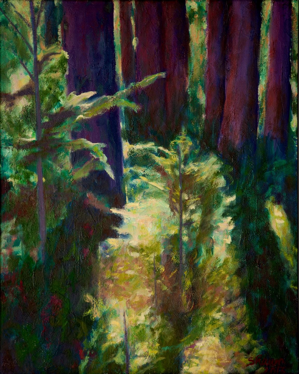 light in the depth of a pine forest on Deer Isle, ME :: Painting :: Realism :: This piece comes with an official certificate of authenticity signed by the artist :: Ready to Hang: Yes :: Signed: Yes :: Signature Location: bottom right corner :: Wood