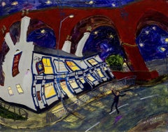 The Crown Inn Pub at Night, Gemälde, Acryl auf Anderem