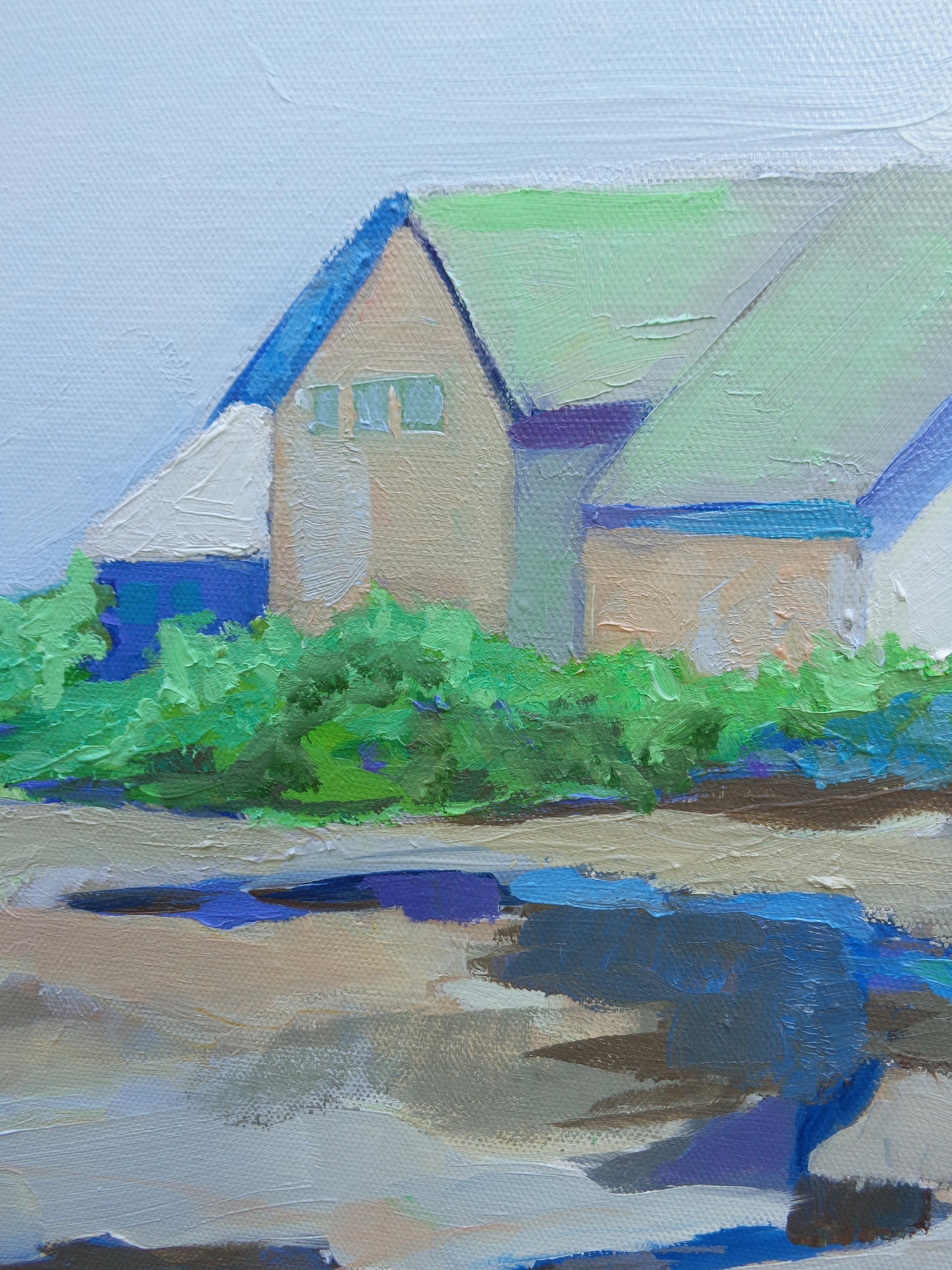 Coming Home is a view along the Marginal Way in Ogunquit, Maine.As I climbed up the rocks, I was struck by the simplicity of these homes at this angle.While painting, I remained interested in the clean plain lines, ,shapes and composition. ::