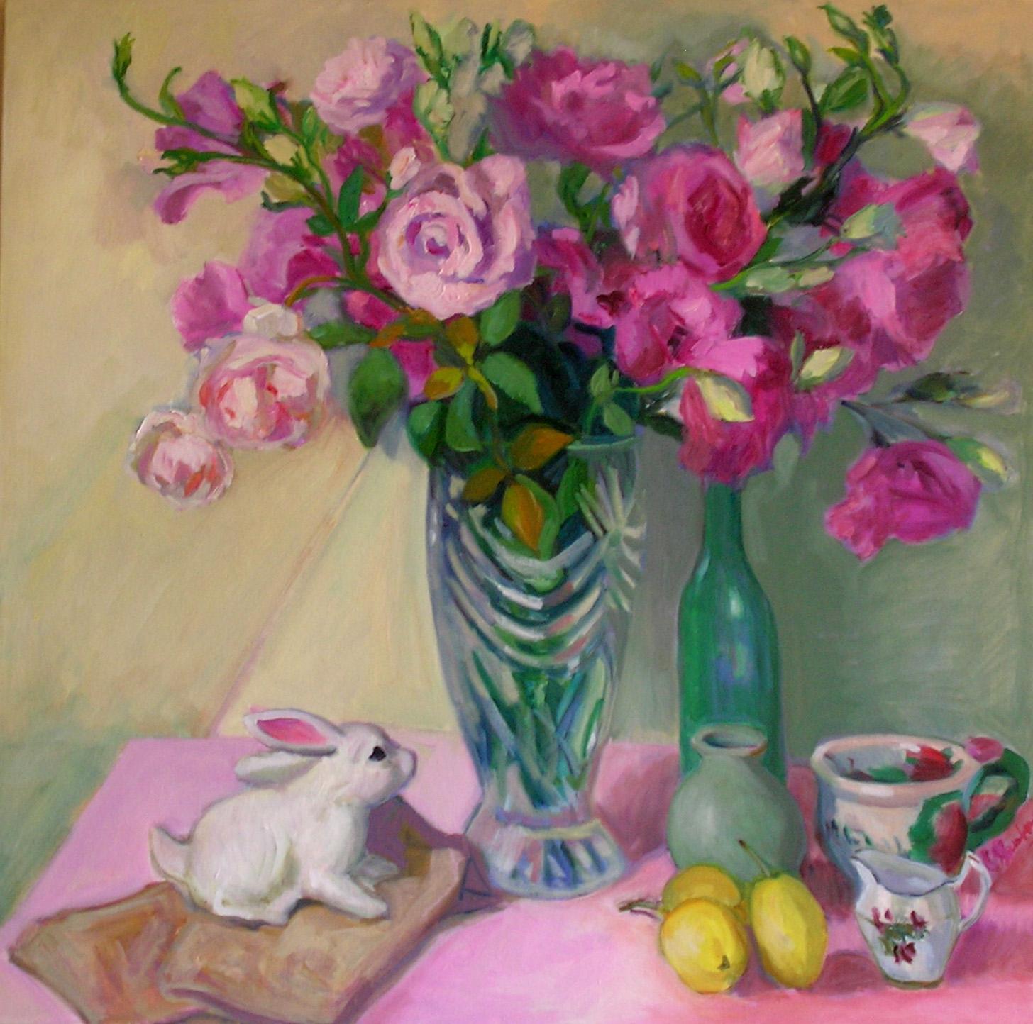 Lisianthus rosa con coniglietto, Pittura, Olio su tela - Painting di Carol Steinberg