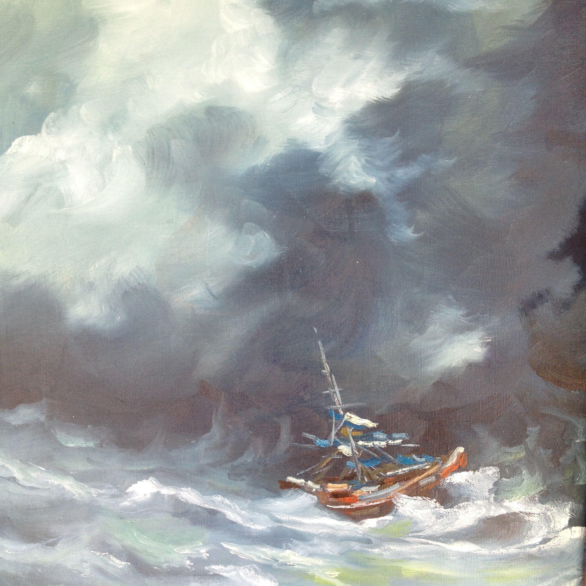 Schiff im Sturm, Gemälde, Öl auf Leinwand – Painting von Thong Le