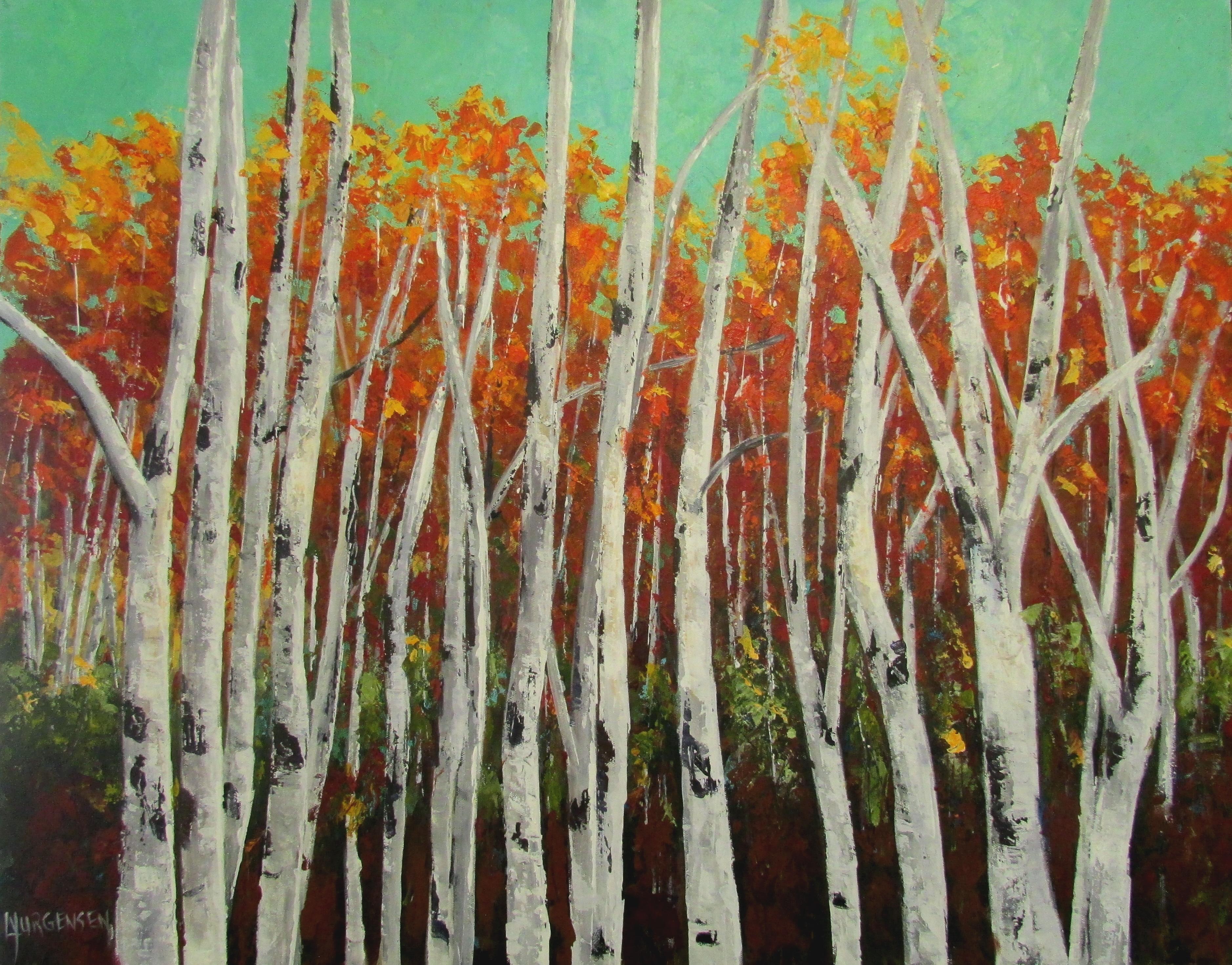 I can never get enough of painting birch trees.  I love all the texture I can achieve with a palette knife and this painting has lots of texture and vibrant color. :: Painting :: Impressionist :: This piece comes with an official certificate of