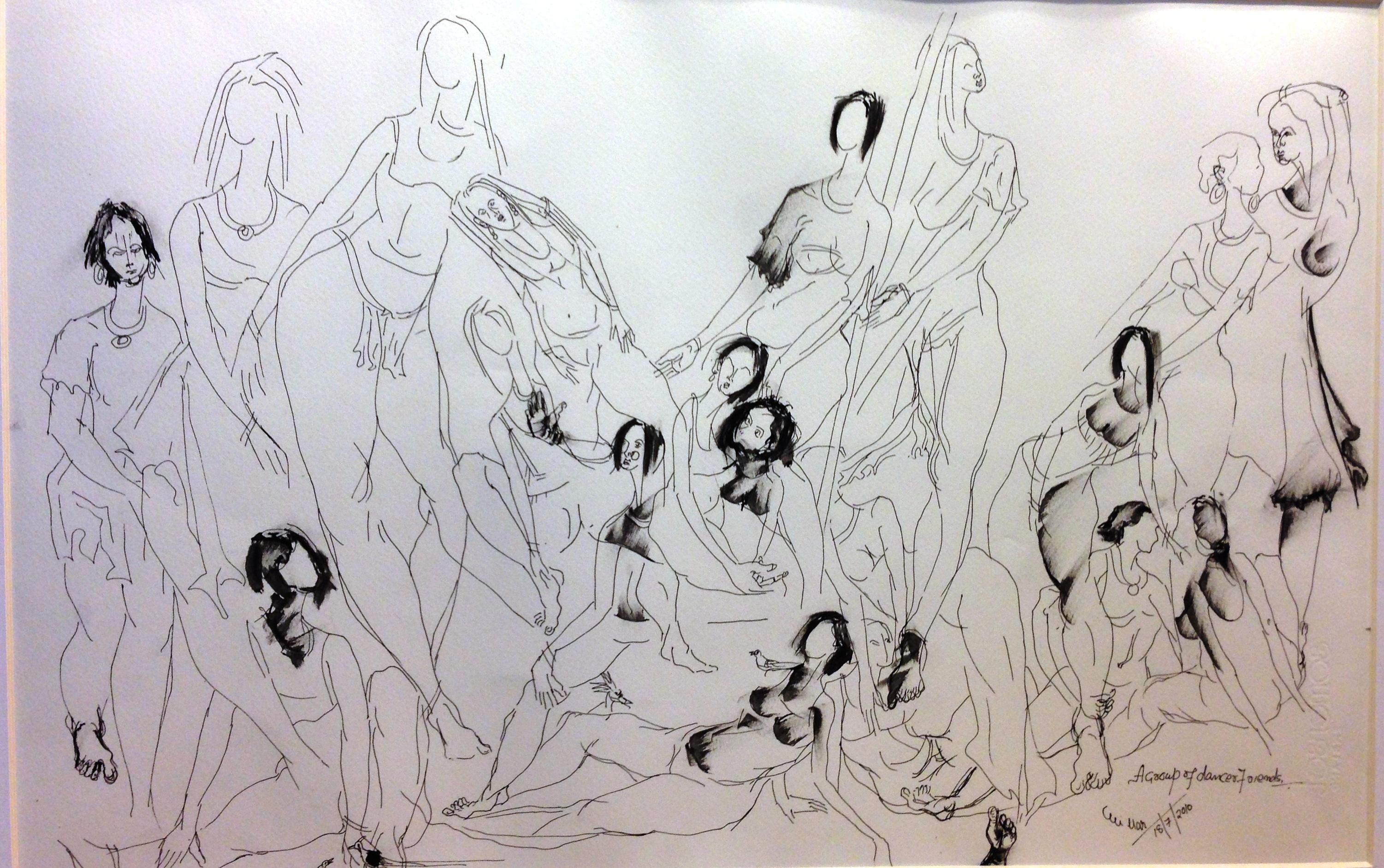 A group of dancer friends, Drawing, Pen & Ink on Paper - Art by J.K Chillar
