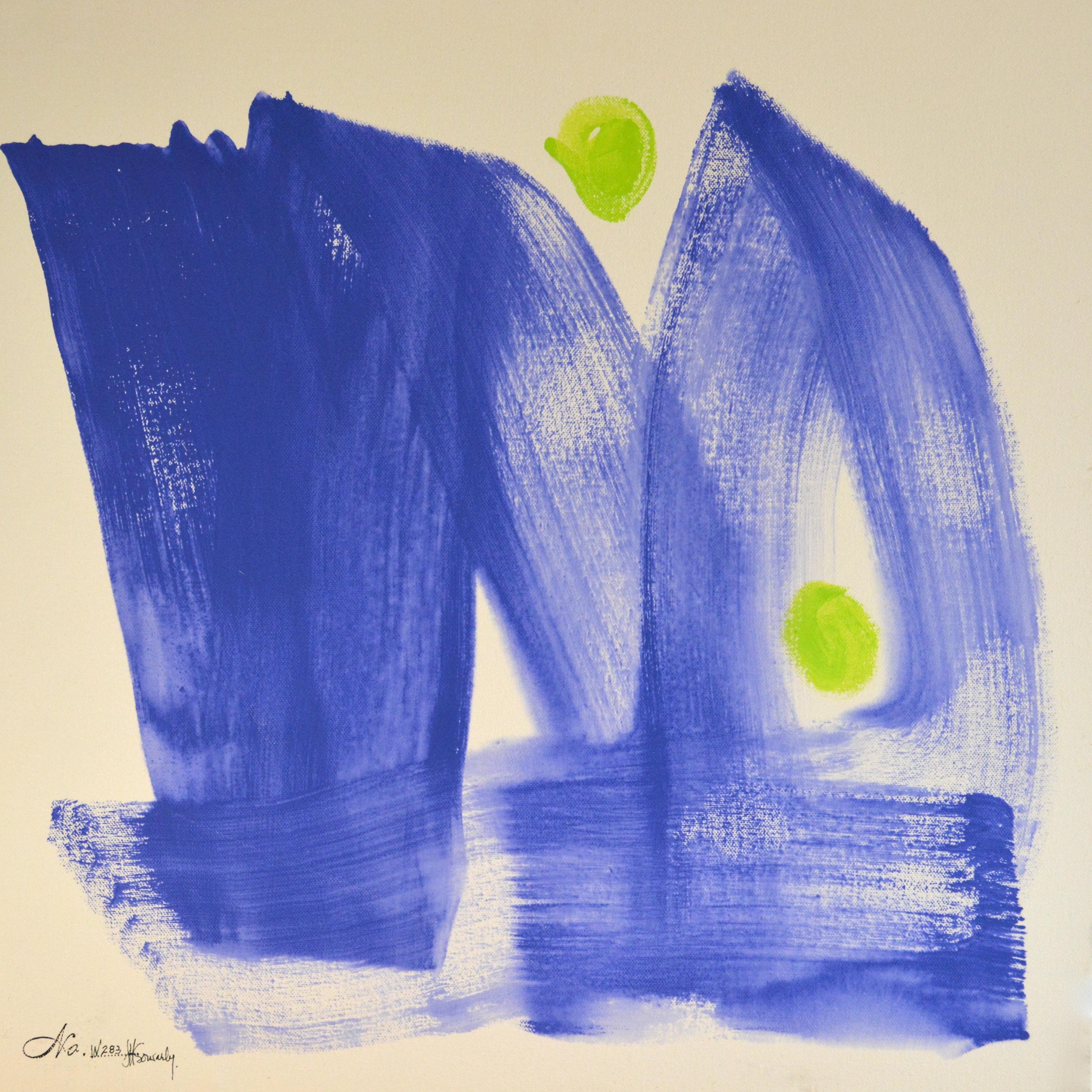 Abstract Painting di Jan Sowarby - "No.W283 Double Blue", Pittura, Olio su tela