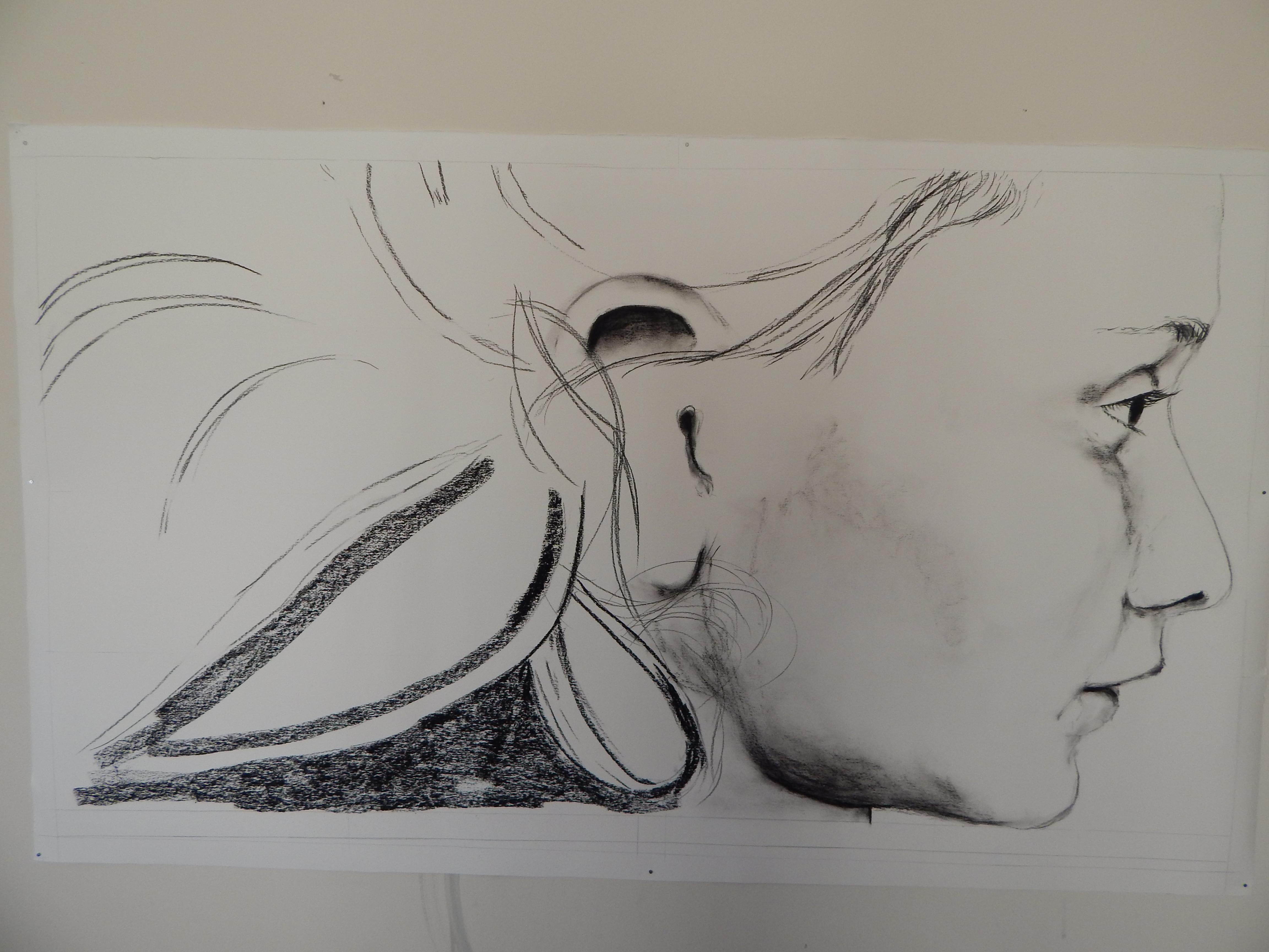 Dibujo a carboncillo sobre papel.  El tamaño real del papel es 53,5