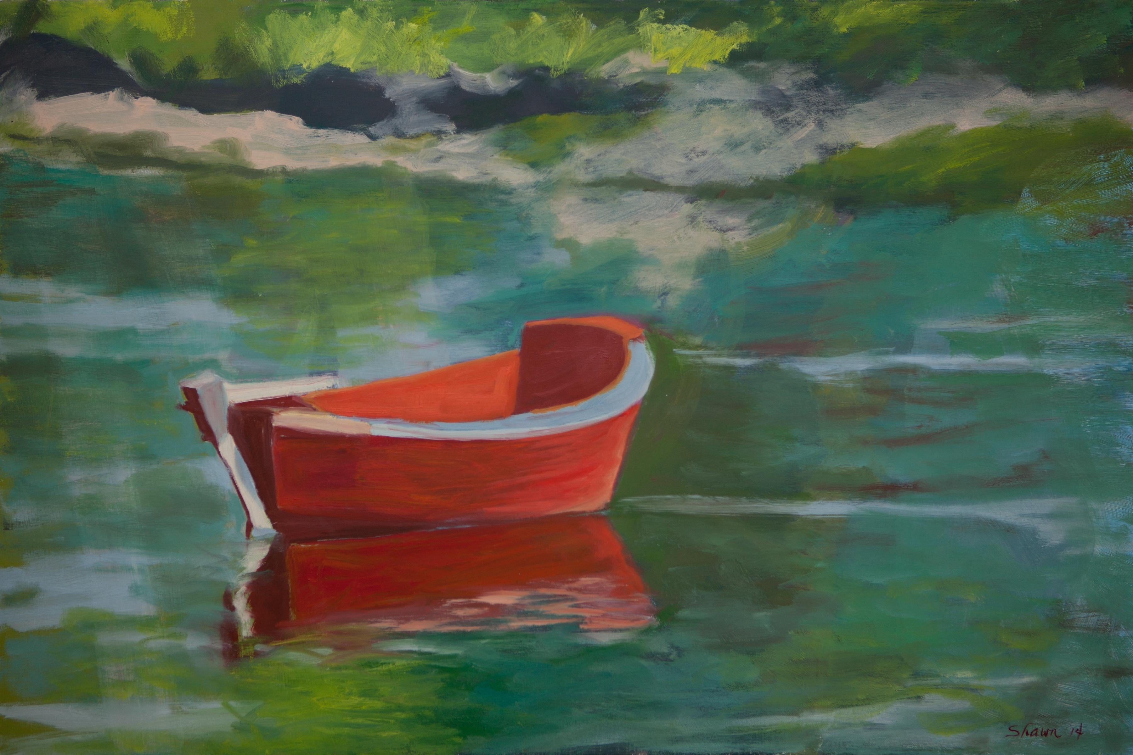 Rotes Boot in Moored, Gemälde, Öl auf Leinwand – Painting von Shawn Nelson Dahlstrom