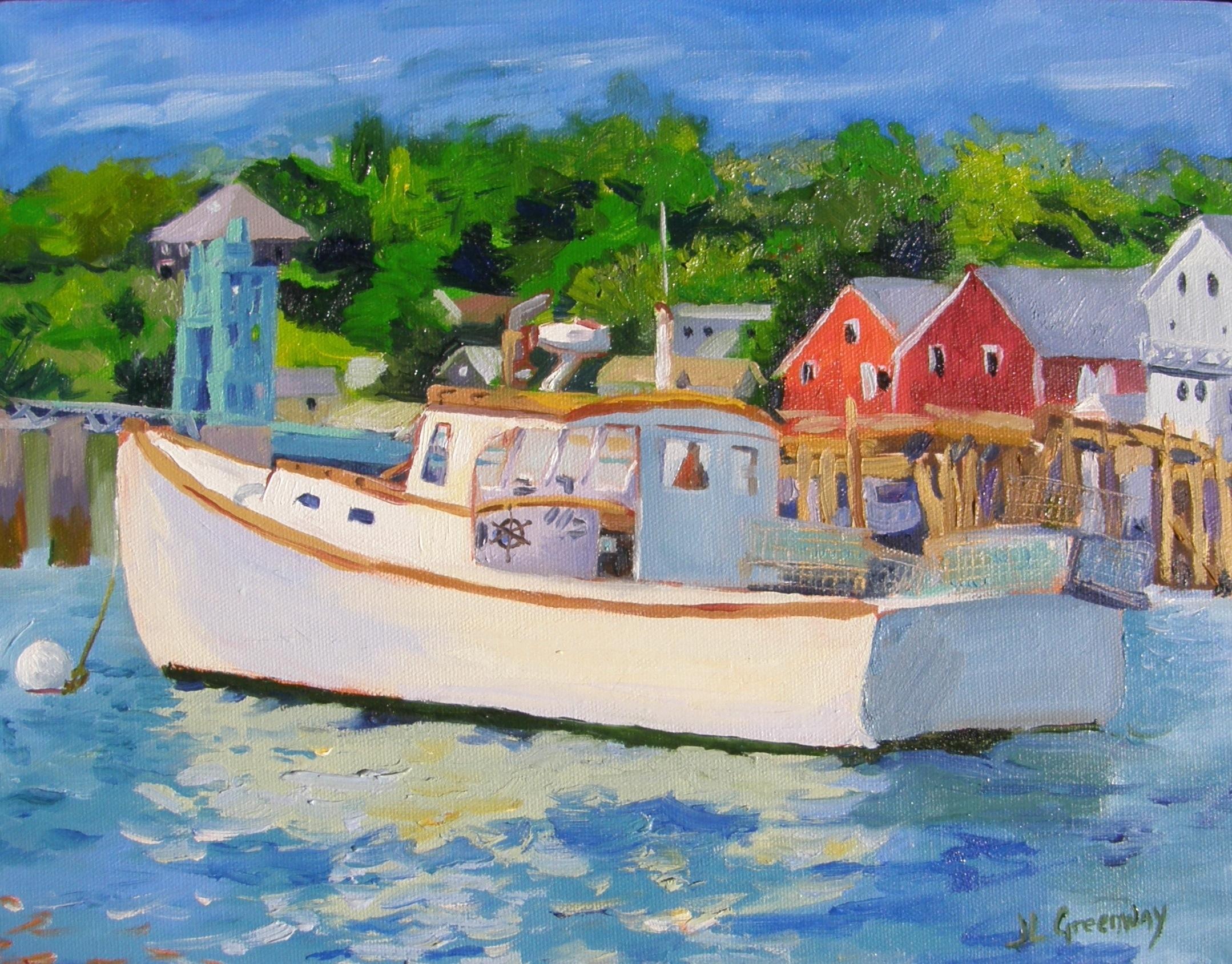 Peinture, huile sur toile, bateau à homard - Painting de Julia Greenway