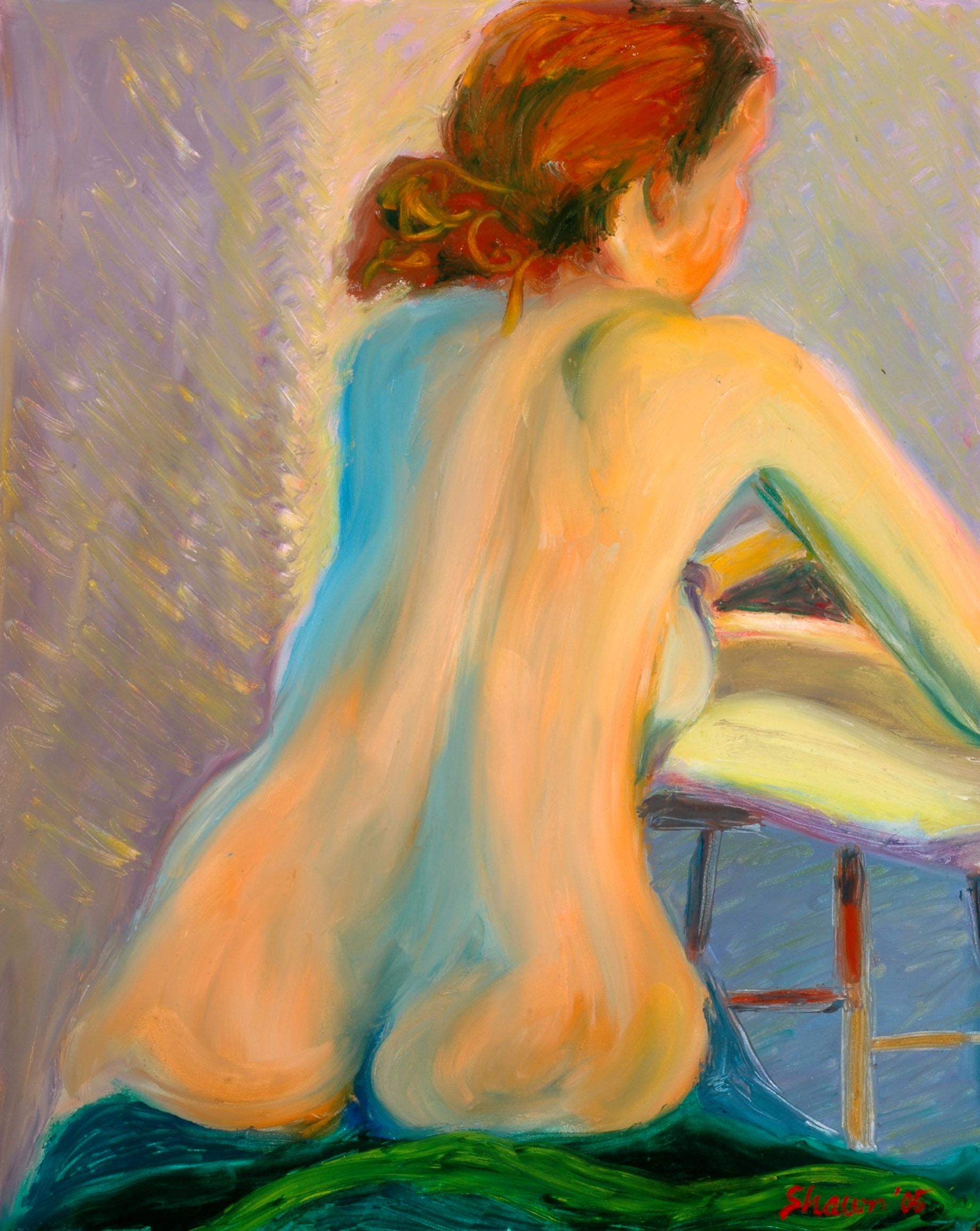 Back of nude, expansive color :: Painting :: Realism :: This piece comes with an official certificate of authenticity signed by the artist :: Ready to Hang: No :: Signed: Yes :: Signature Location: lower left corner :: MDF Panel :: Portrait ::