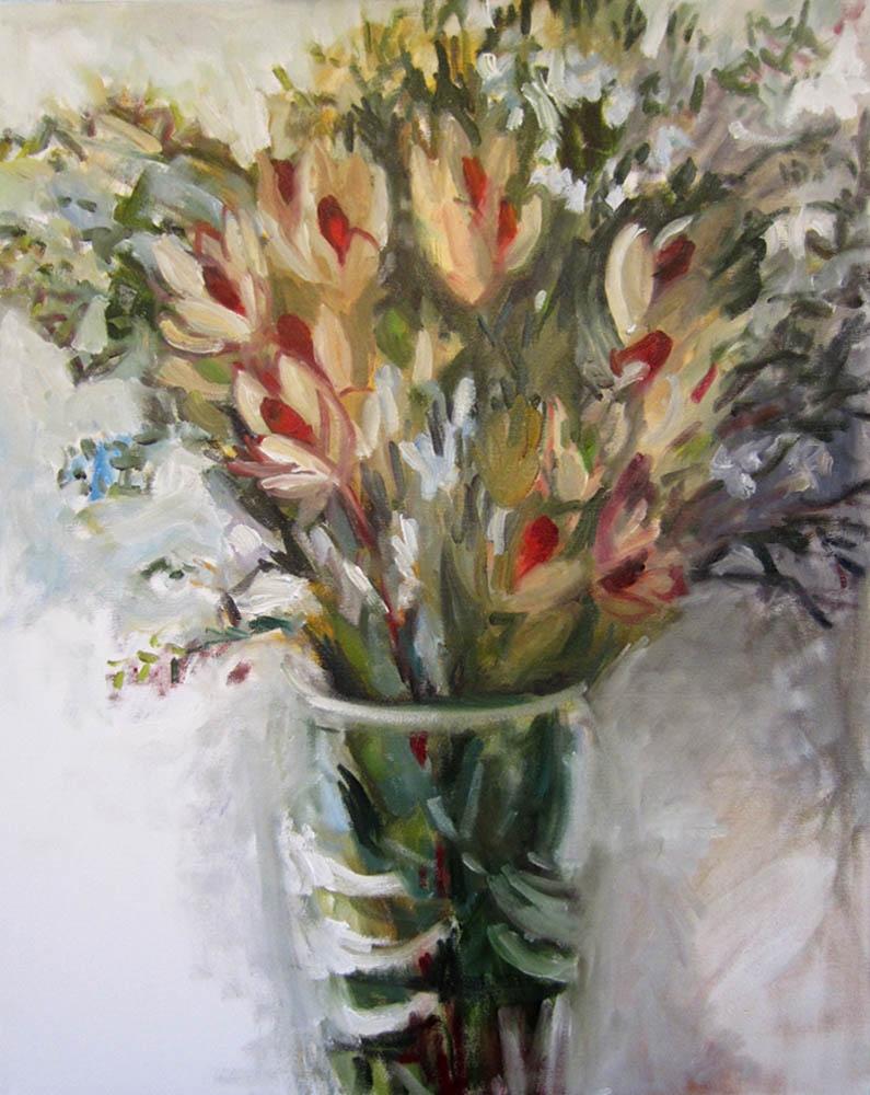 Peinture, huile sur toile, pointes de flamme et fleurs en cire australienne - Painting de Carol Steinberg