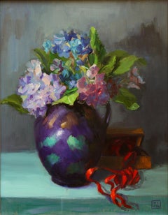 HYDRANGEA WITH RED RIBBON, Painting, Oil on MDF Panel