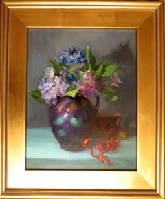 HYDRANGEA WITH RED RIBBON, Painting, Oil on MDF Panel