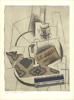 Pablo Picasso-Bottle of Vieux Marc, Glass and Newspaper-25.25" x 19"-Lithograph