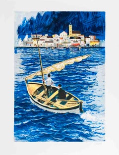 Vintage Amadeu Casals-Sailboat in the Port of Cadaques-25.25" x 19.5"-Lithograph-1970