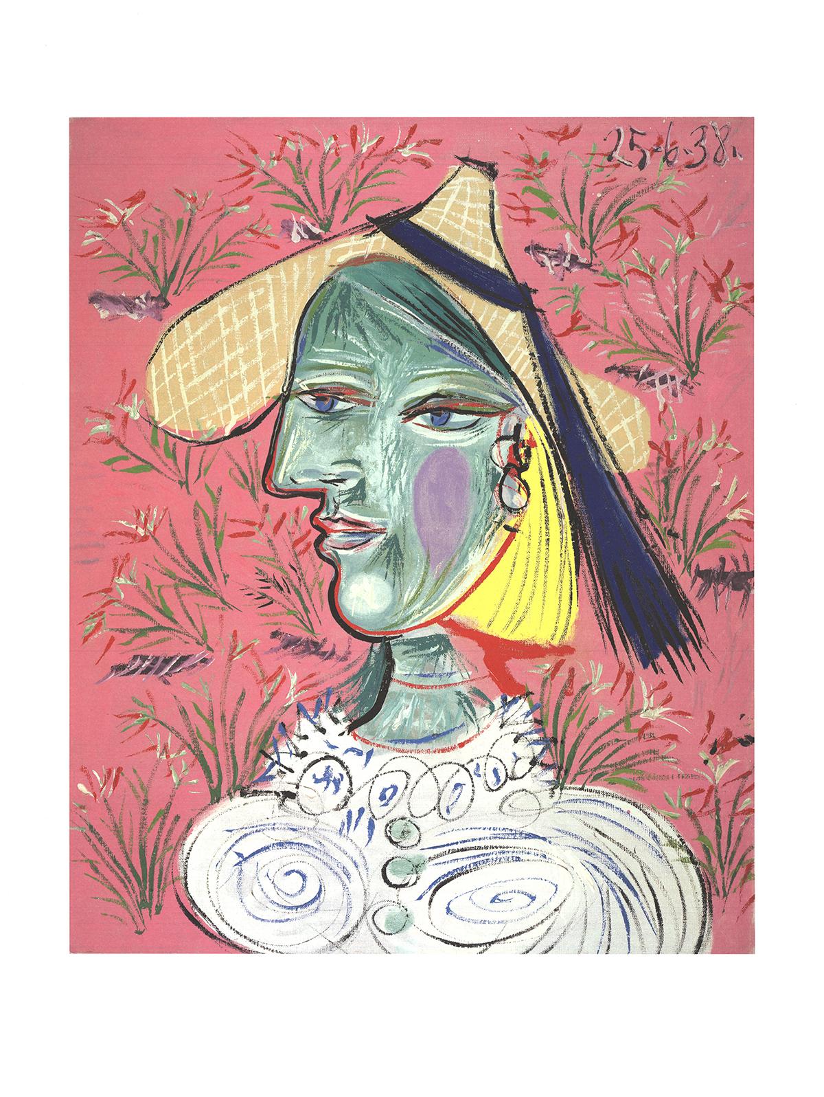 Pablo Picasso-Femme au Chapeau de Paille Sur Fond Fleuri-31.5" x 23.5"-Poster - Print by After Pablo Picasso