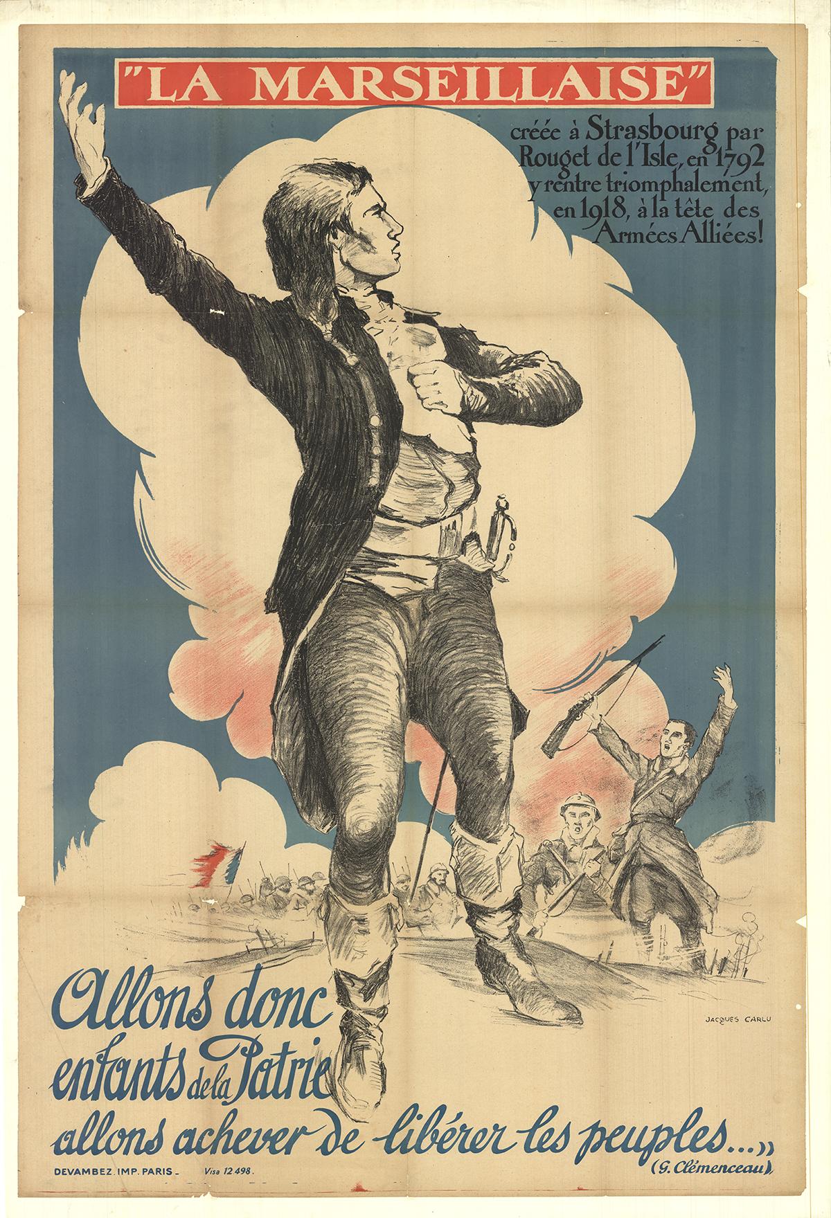 Sku: EF5549-D
Artist: Jacques Carlu
Title: La Marseillaise
Year: 1915
Signed: No
Medium: Lithograph
Paper Size: 49 x 33.5 inches ( 124.46 x 85.09 cm )
Image Size: 47 x 31.5 inches ( 119.38 x 80.01 cm )
Edition Size: Unknown
Framed: No
Condition: B: