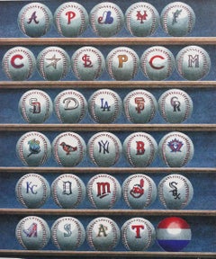 Daunenrot, Weiß 'N Blau - Baseballs -16 Zoll" x 12 Zoll"-Wasserfarbe-1994