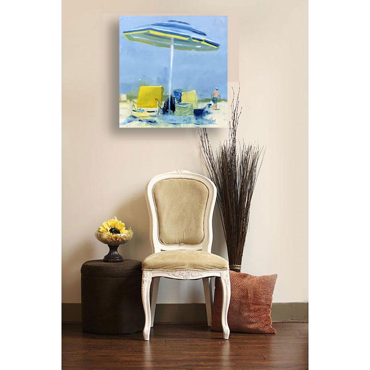 Umbrella by the Ocean, Peinture, Huile sur Panneau de Bois - Contemporain Painting par Dennis Crayon