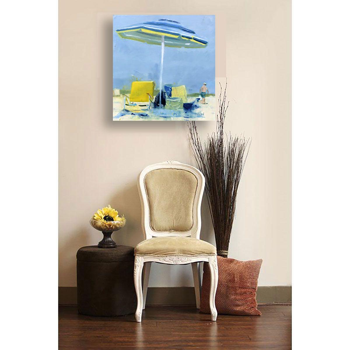 Ombrello sull'oceano, Pittura, Olio su pannello di Wood - Painting Contemporaneo di Dennis Crayon