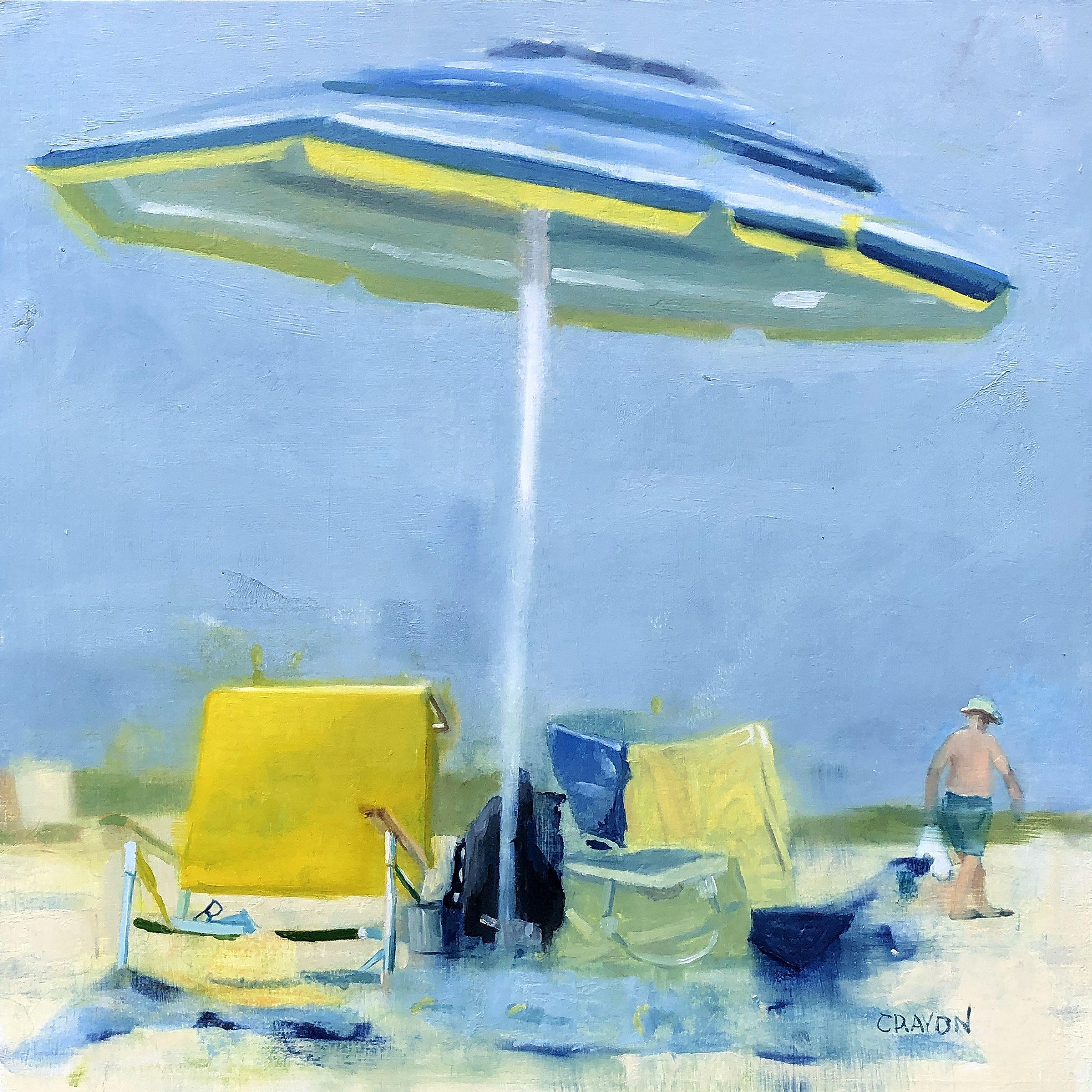 Umbrella by the Ocean, Peinture, Huile sur Panneau de Bois - Painting de Dennis Crayon