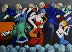 Sax & Flute players, Painting, Oil on Canvas