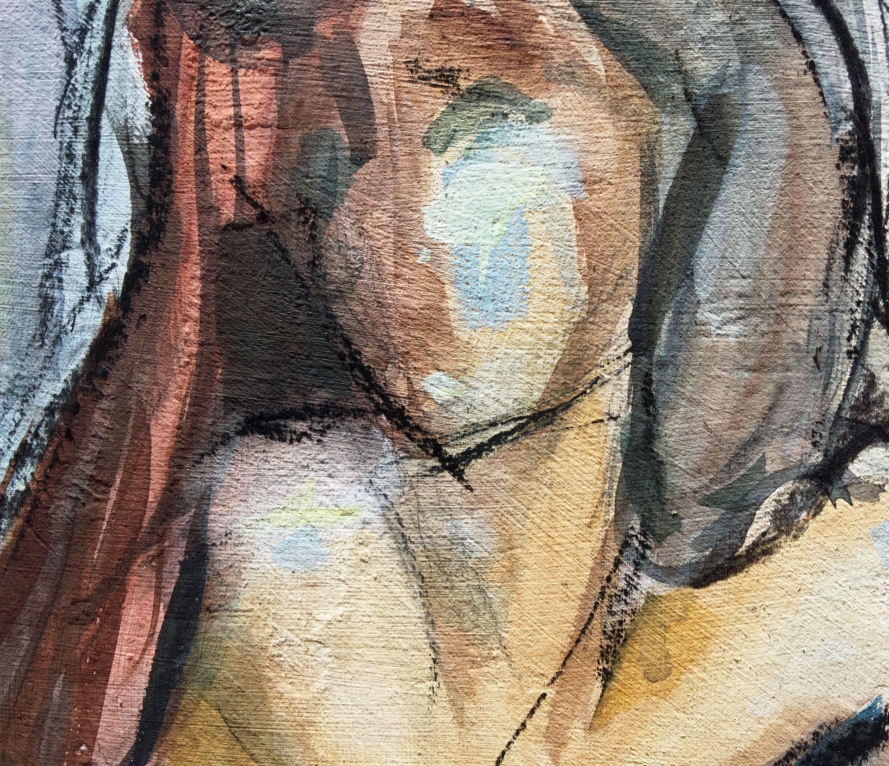 Took the wrong path, may be too late!    We can guess what is on her mind, but only she knows.  Nostalgic abstracted figurative watercolor/charcoal painting.  It has been protected with a coating o UV spray, bonded to a 1.5 deep wood cradle with