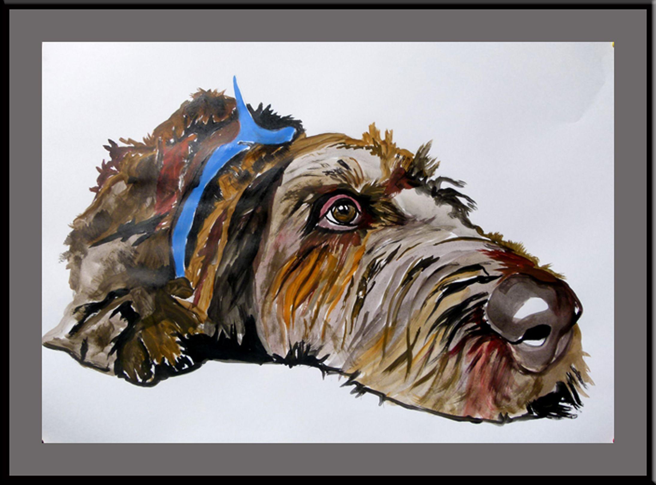 German wirehaired pointer, Painting, Acrylic on Paper For Sale 2