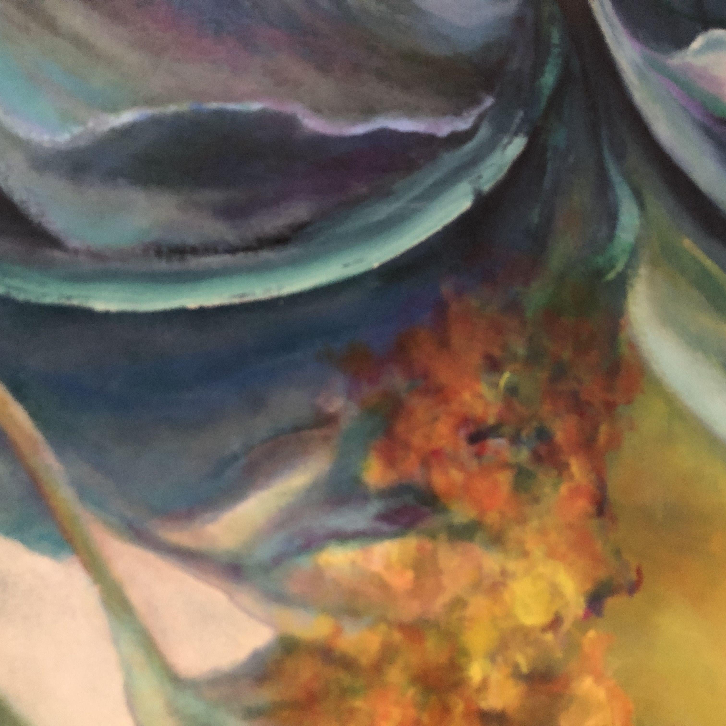 Una visión de flores amarillas tropicales rodeadas de grandes hojas azules/verdes :: Pintura :: Contemporánea :: Esta obra viene con un certificado oficial de autenticidad firmado por el artista :: Lista para colgar: Sí :: Firmada: Sí :: Ubicación