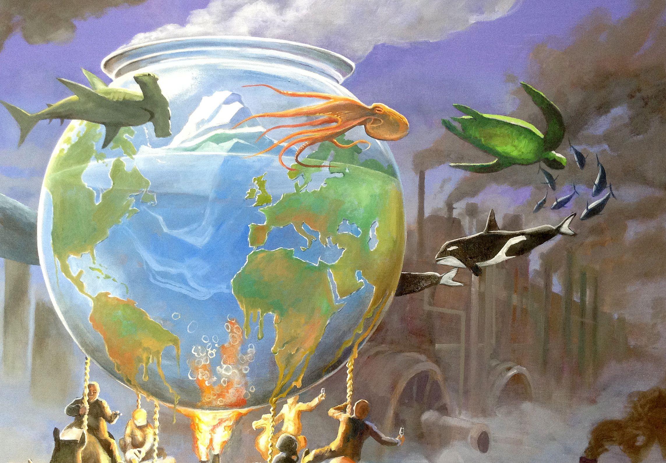 A symbolic depiction of global warming. Using one of my favourite icons, the goldfish bowl, to represent a fragile ecology heated up by the reckless industrialised burning of the greedy capitalists. The landscape is broken and shadowed by clouds in