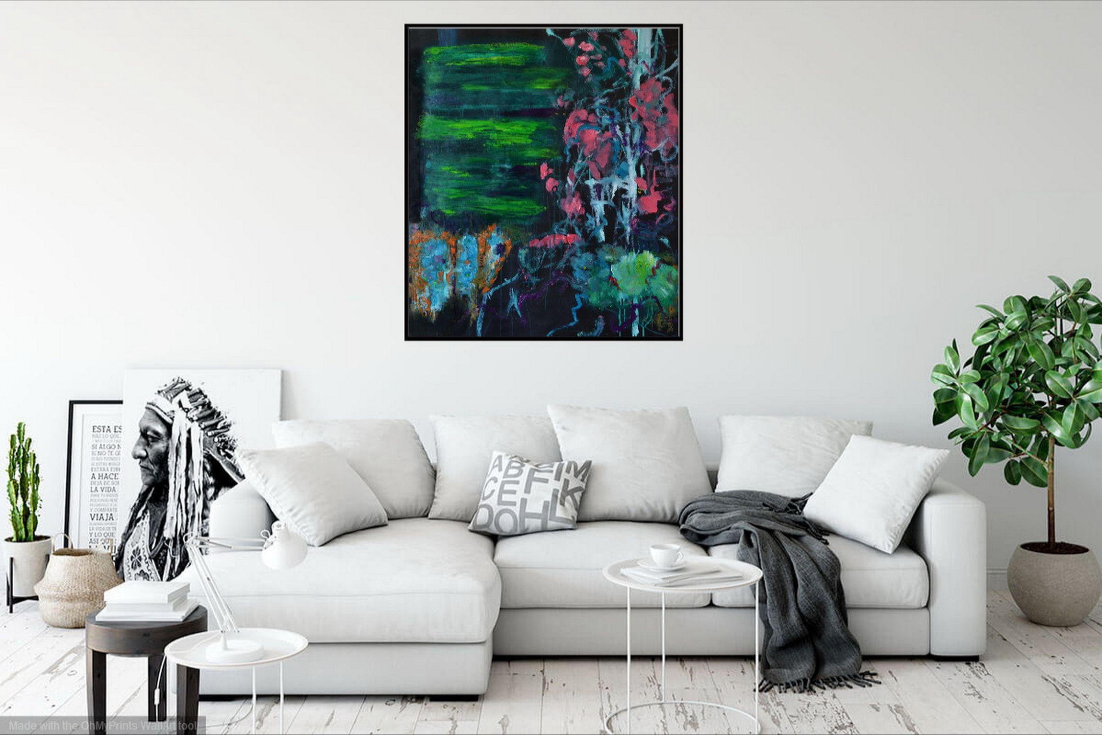 Tending my Garden, Painting, Oil on Paper - Black Abstract Painting by Karin Goeppert