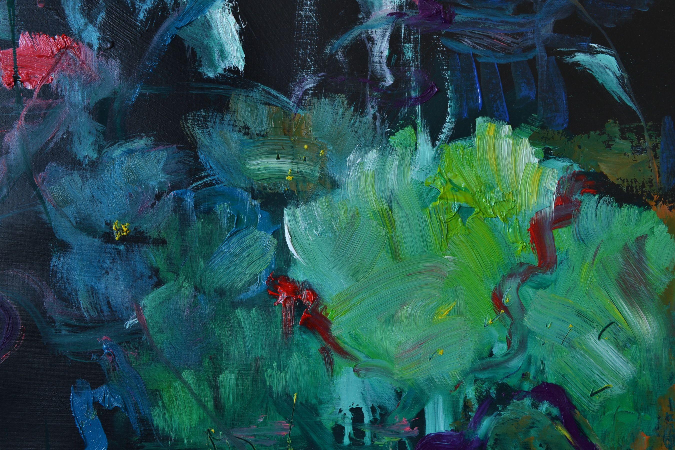 A losely rendered nature oil painting which reminds of a Garden from above. The dark background gives a great, deep contrast to the the light, springlike colours. I applied the colours thickly in a gestural, expressionistic way.    I worked with