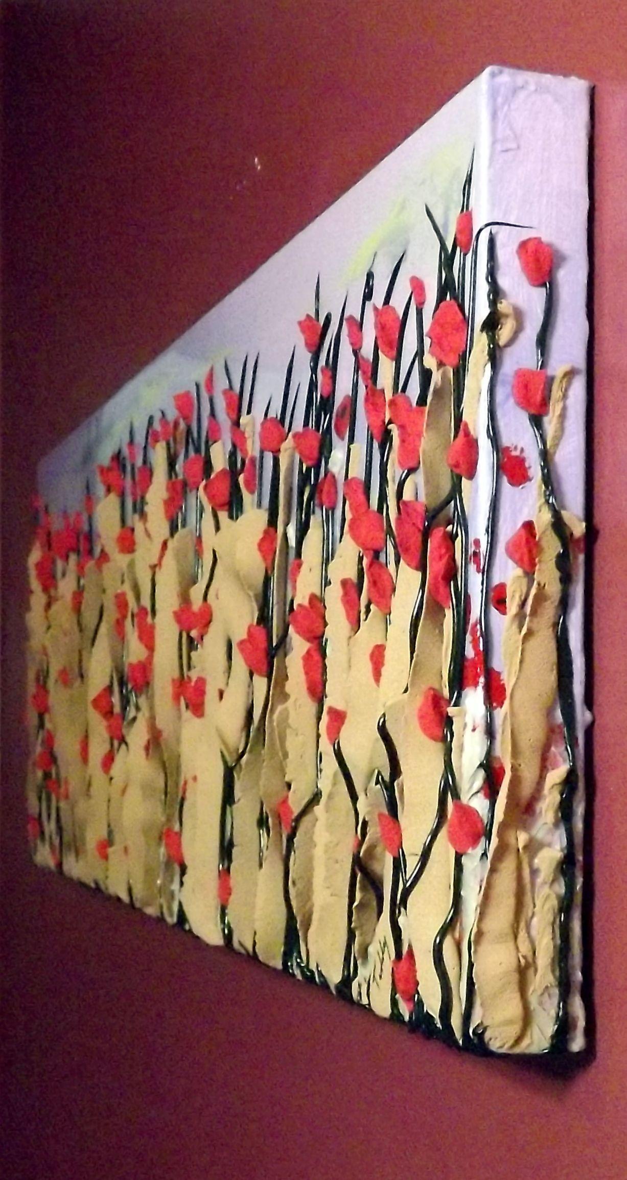 This work is a mix of plaster and paint along with some clear resin. The impression of Red poppies growing wild among some weeds is what I was feeling as I worked on this piece.  :: Mixed Media :: Impressionist :: This piece comes with an official